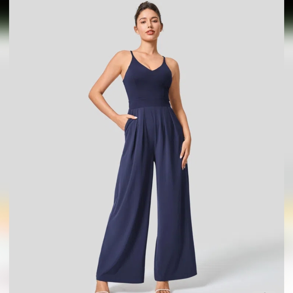 Halara Navy Wide Leg Quick Dry Resort Slip Jumpsuit (M) 8/10 Regular
